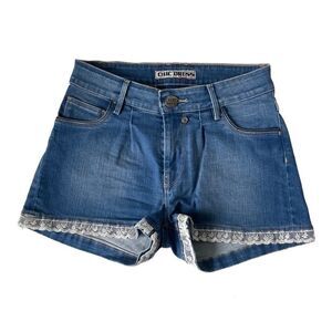 Denim High- Waist Lace Trim Mini Shorts